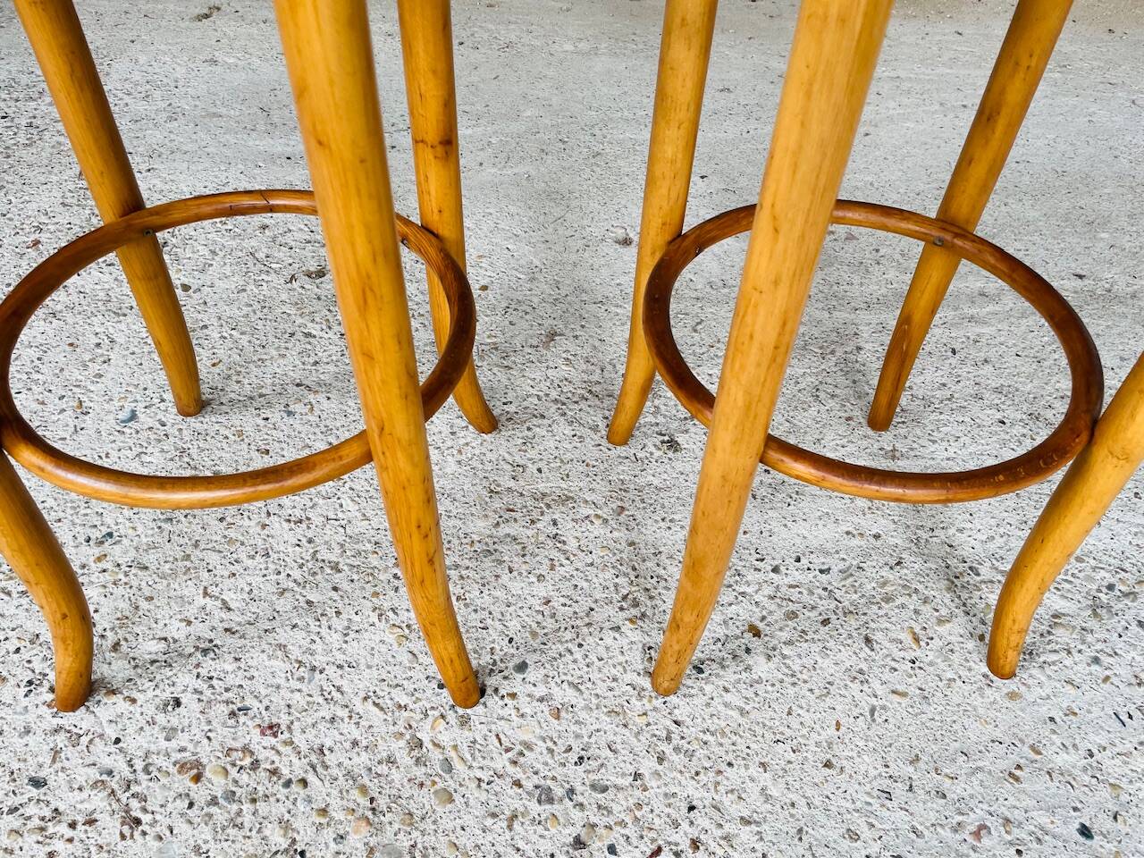 Pair of vintage bar stools, curved wood and cane
