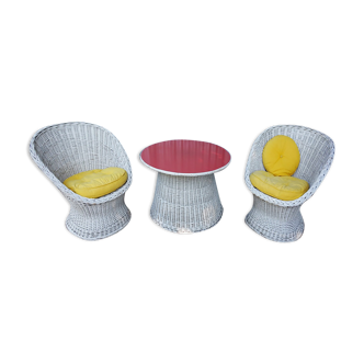 Set of rattan cocktail table and 2 chairs, 1950