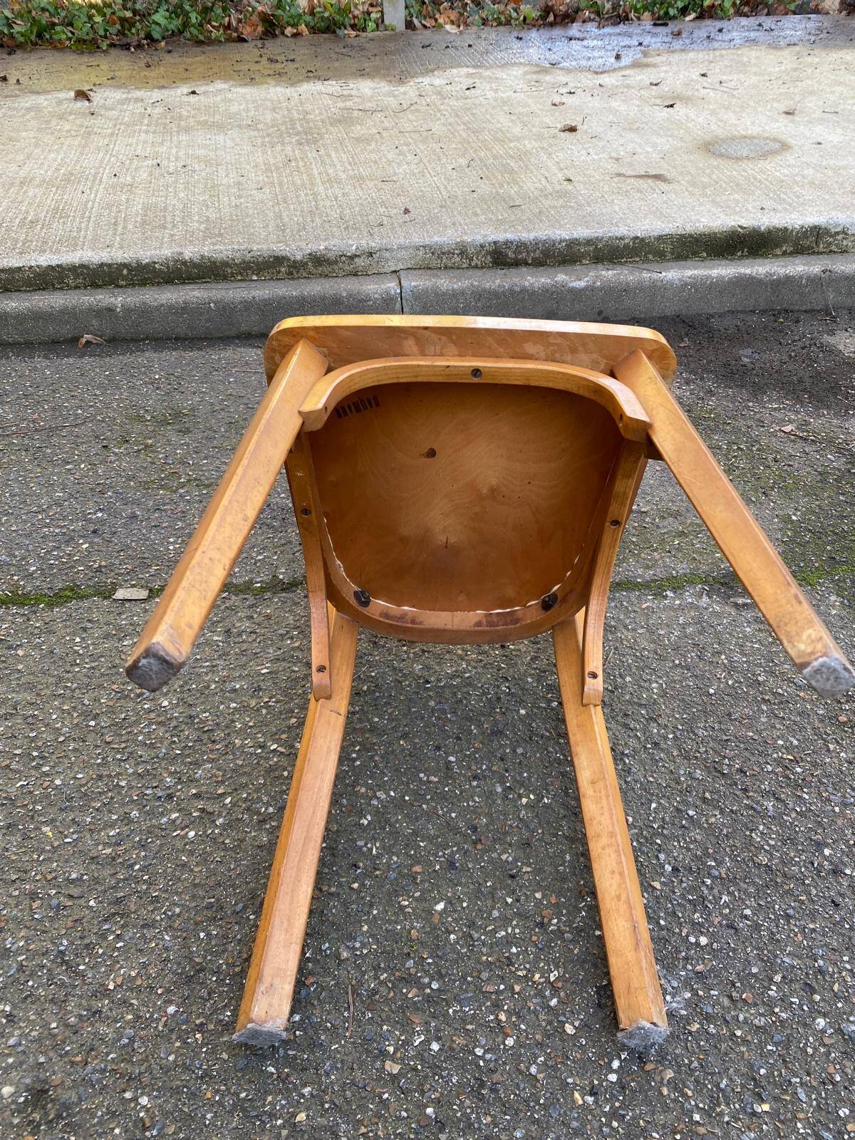 2 Scandinavian bistro chairs by Baumann in light wood from 1980.