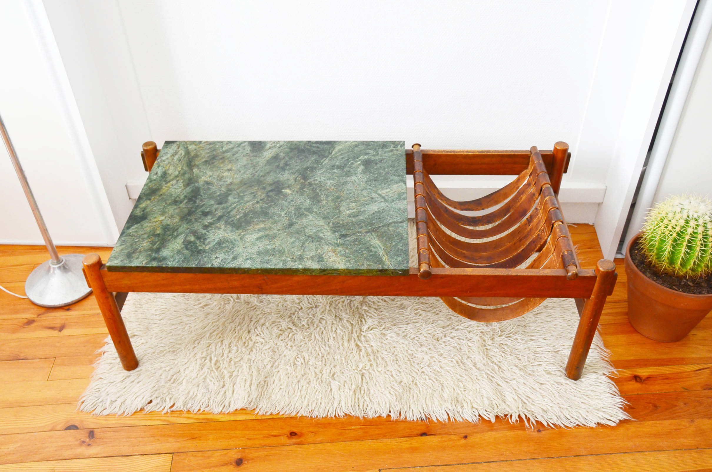Dujo cuba coffee table in green marble and rosewood 70s