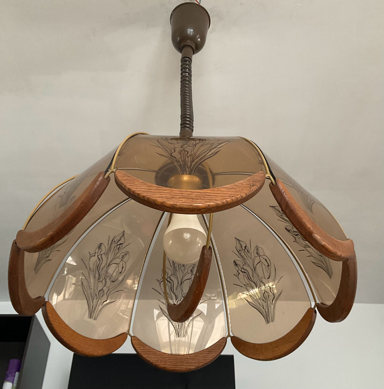 Scandinavian style glass and wood pendant light.