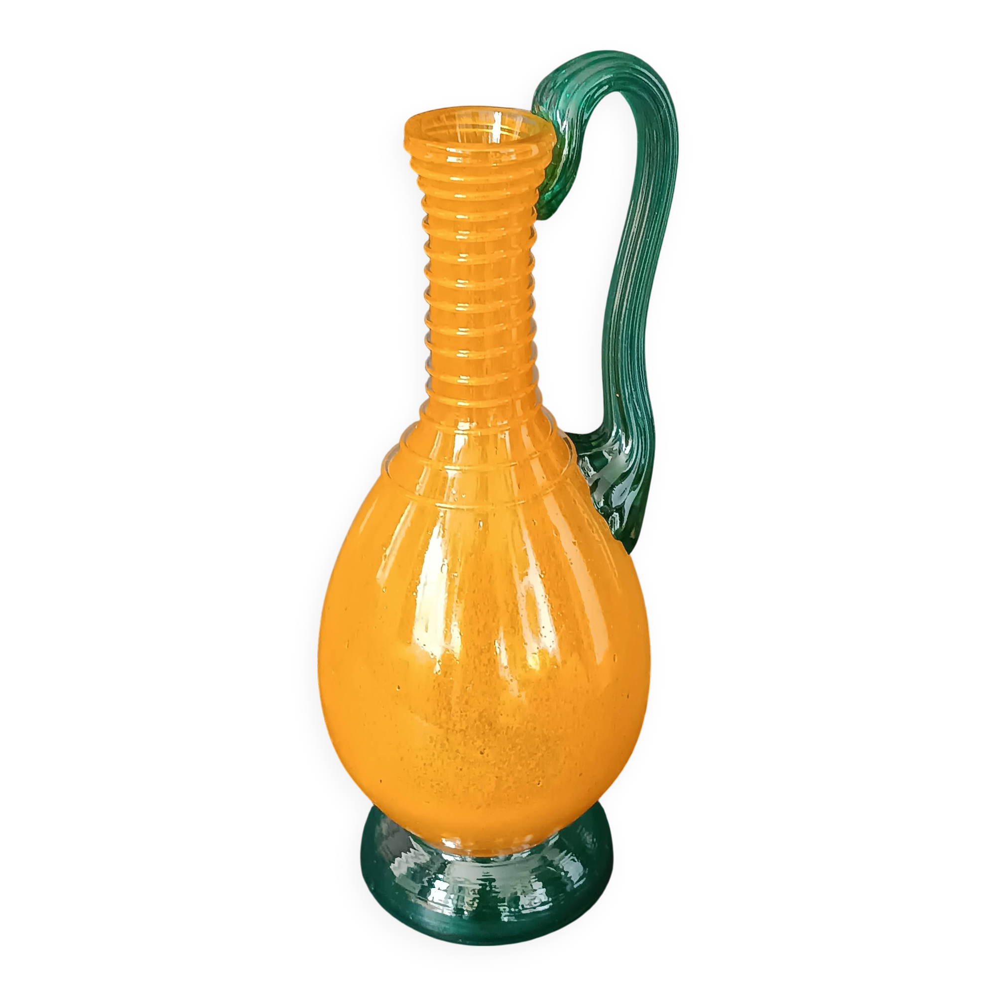 Vintage orange and green blown glass bottle, art glassware