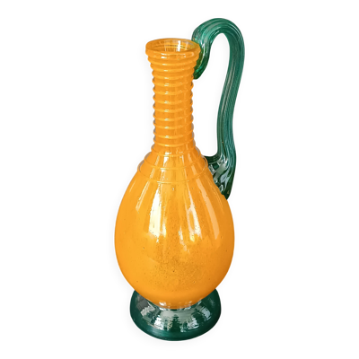 Bouteille en verre soufflé orange et verte vintage, verrerie d'art