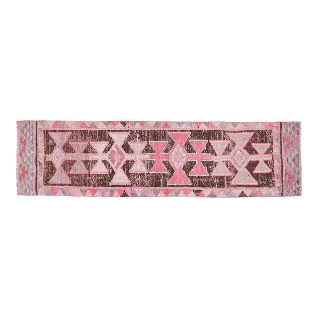 Vintage Turkish Oushak pink handmade wool runner rug 82x311
