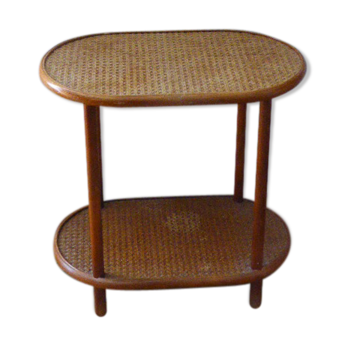 Side table, serving, pedestal, double tray, wood and vintage caning