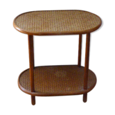 Side table, serving, pedestal, double tray, wood and vintage caning