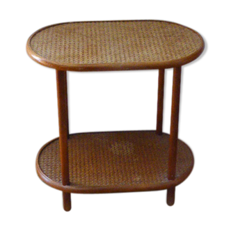 Side table, serving, pedestal, double tray, wood and vintage caning