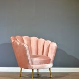 Art deco petal armchair in powder pink velvet and brass legs