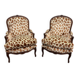 Pair of Louis XV style armchairs in giraffe velvet upholstery, France, 1950s