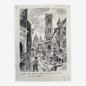 Encre et lavis d'encre sur papier - La ville est silencieusement Jacques Boullaire (1893-1976)