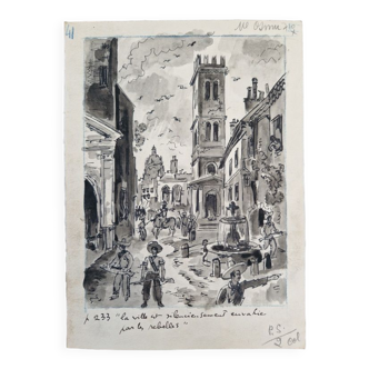 Encre et lavis d'encre sur papier - La ville est silencieusement Jacques Boullaire (1893-1976)