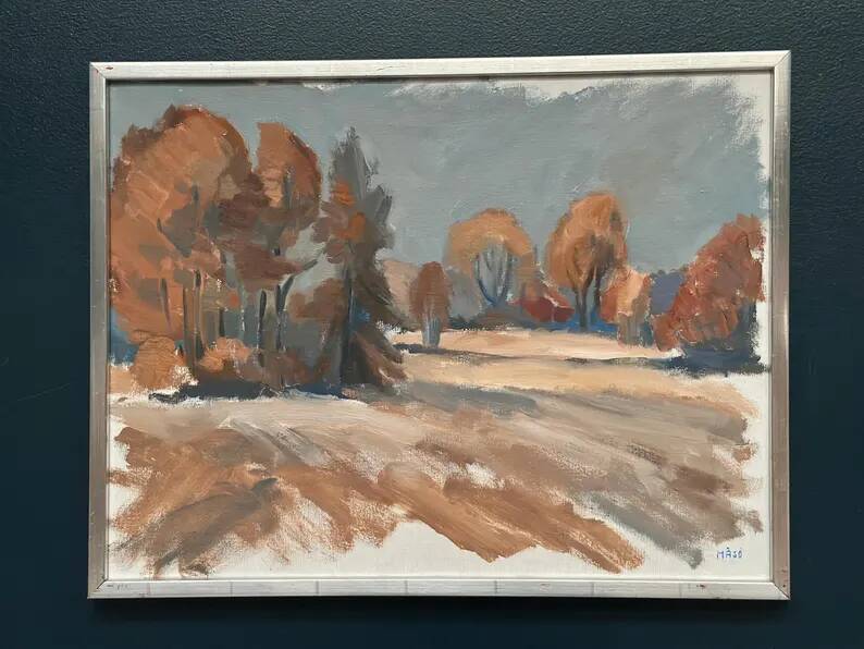 Original Swedish Oil on Canvas – “Red Autumn” by Knut Måsö (1926–2016) – Signed – Vintage & Framed – 57 × 44 cm (22.4" × 17.3")