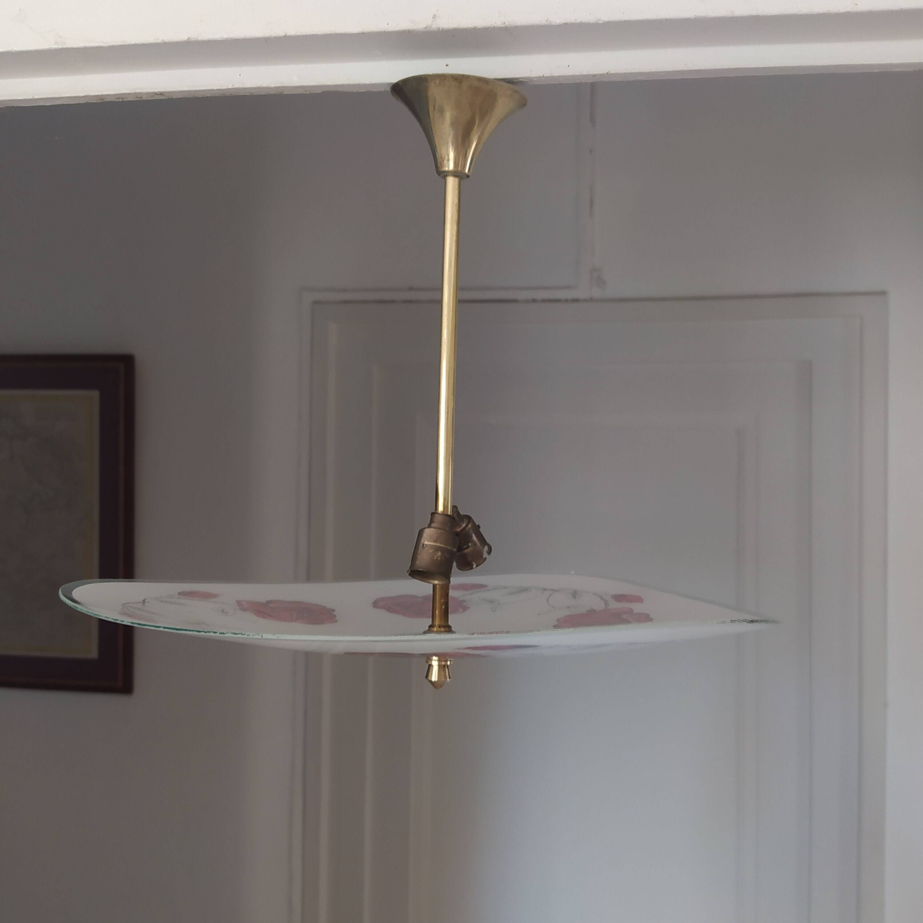Vintage 1960s brass and glass pendant light with rose decor