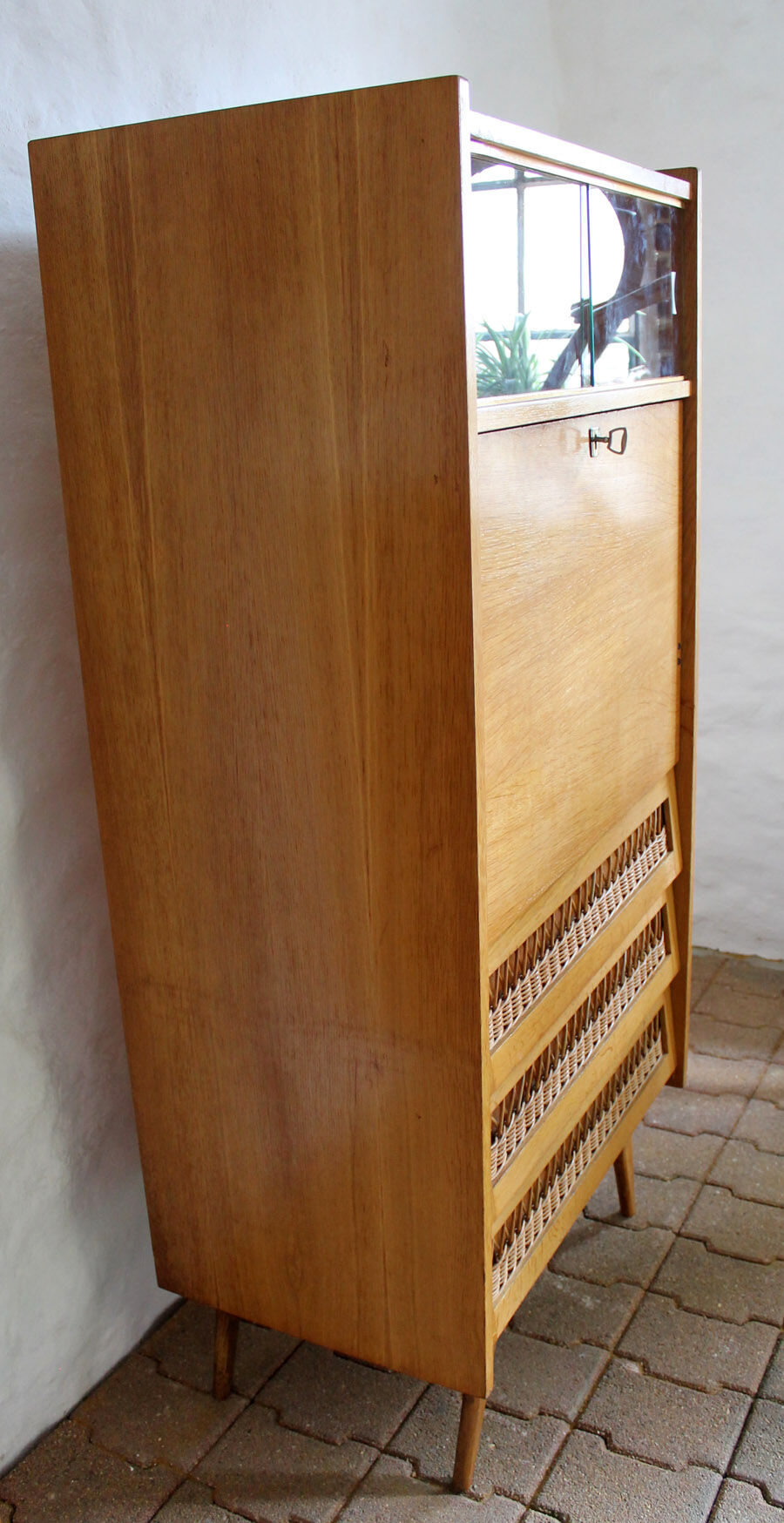 Secrétaire vintage en bois et rotin