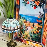 Vintage and Tiffany inspiration lamp | Coloured glass in blue & pastel pink