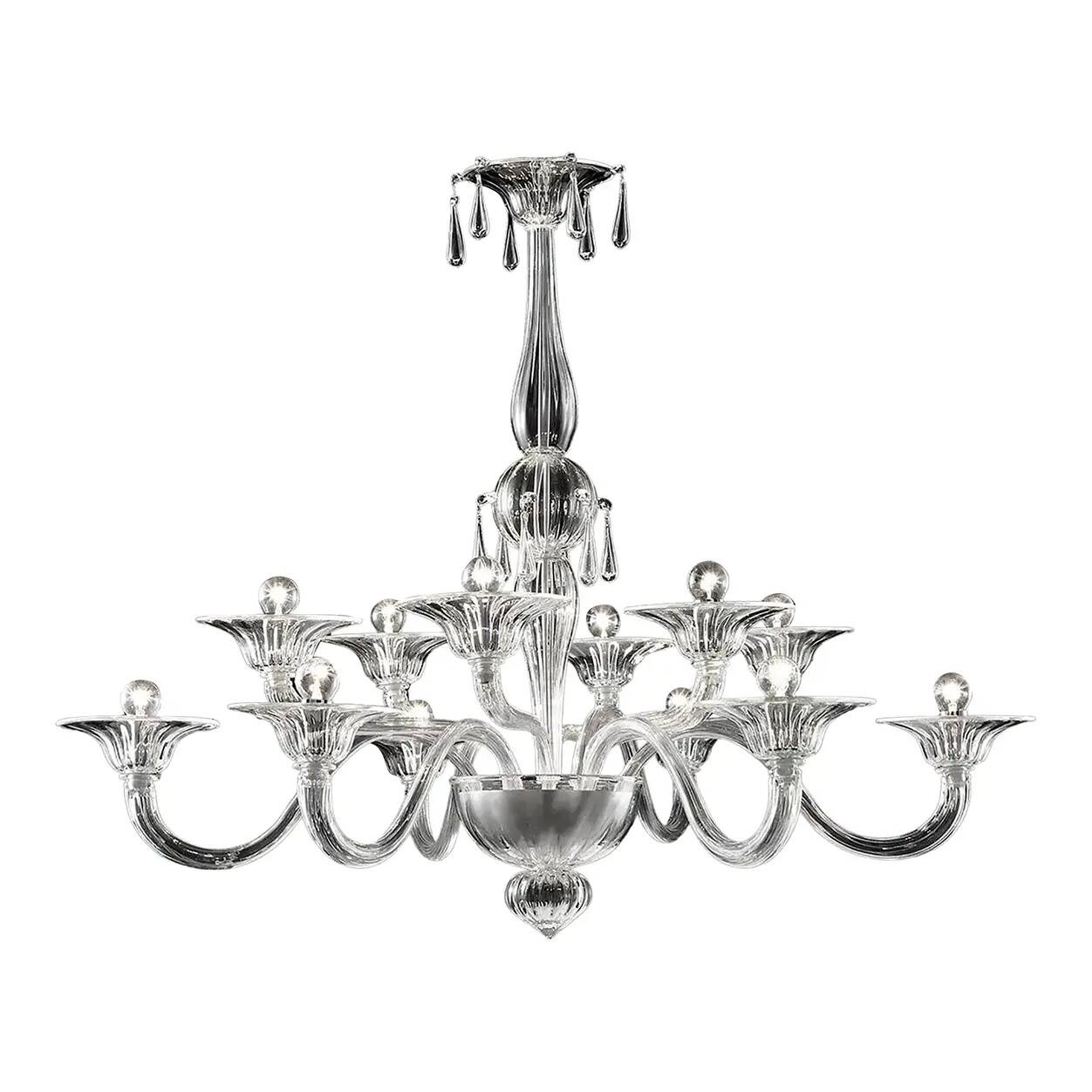Chandelier en verre de Murano vénitien transparent de luxe