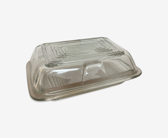 Ancien beurrier en verre épais avec couvercle