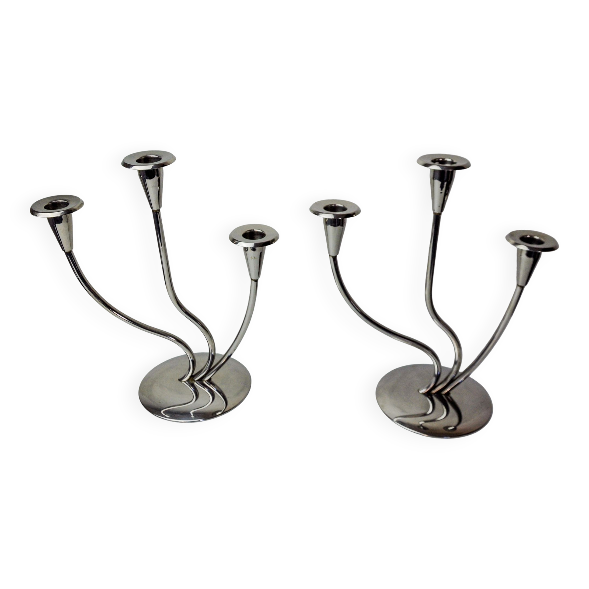 Pair of art deco candlesticks in stainless steel 3 flames, Spain, 1970