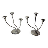 Paire de bougeoirs art déco en inox 3 flammes, espagne, 1970