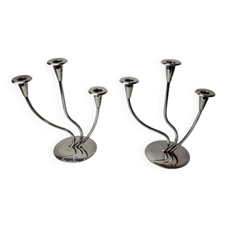 Pair of art deco candlesticks in stainless steel 3 flames, Spain, 1970