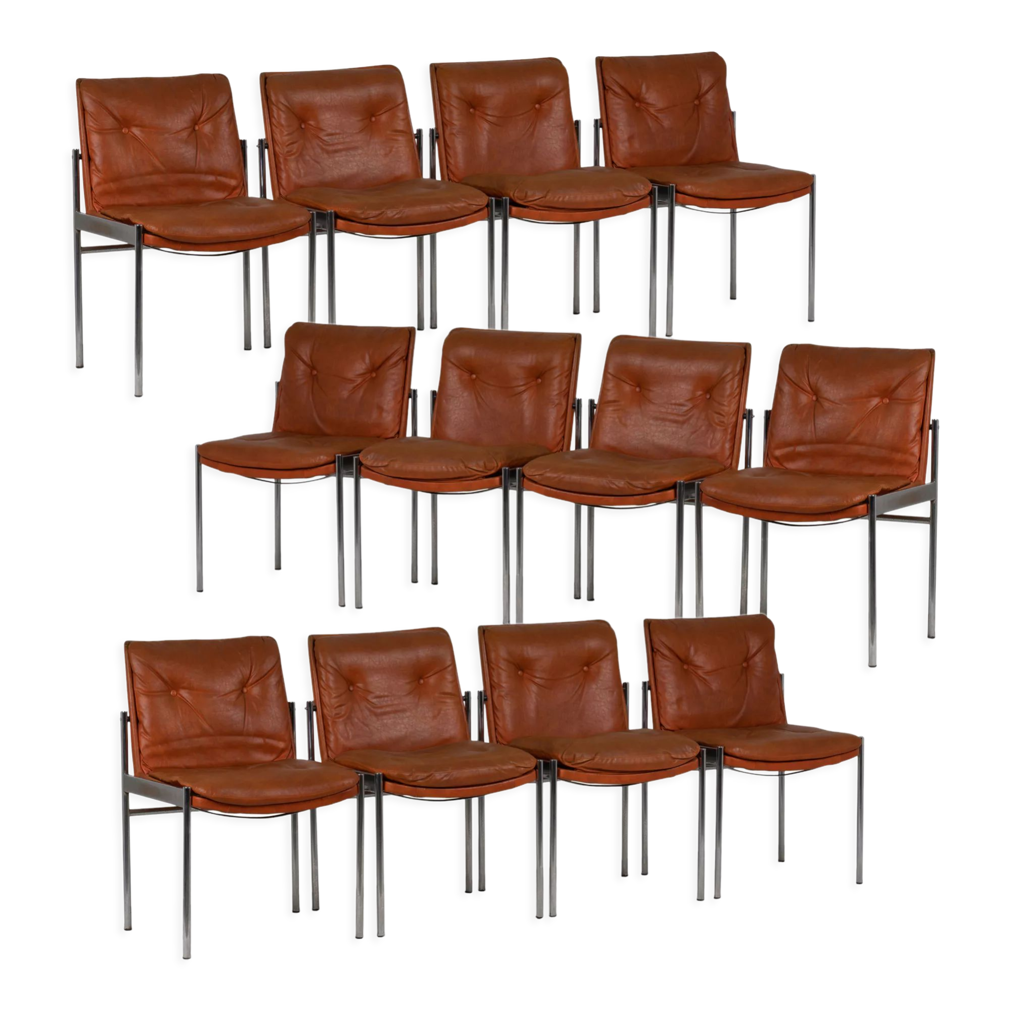 Série de douze chaises en cuir et métal chromé, années 1970