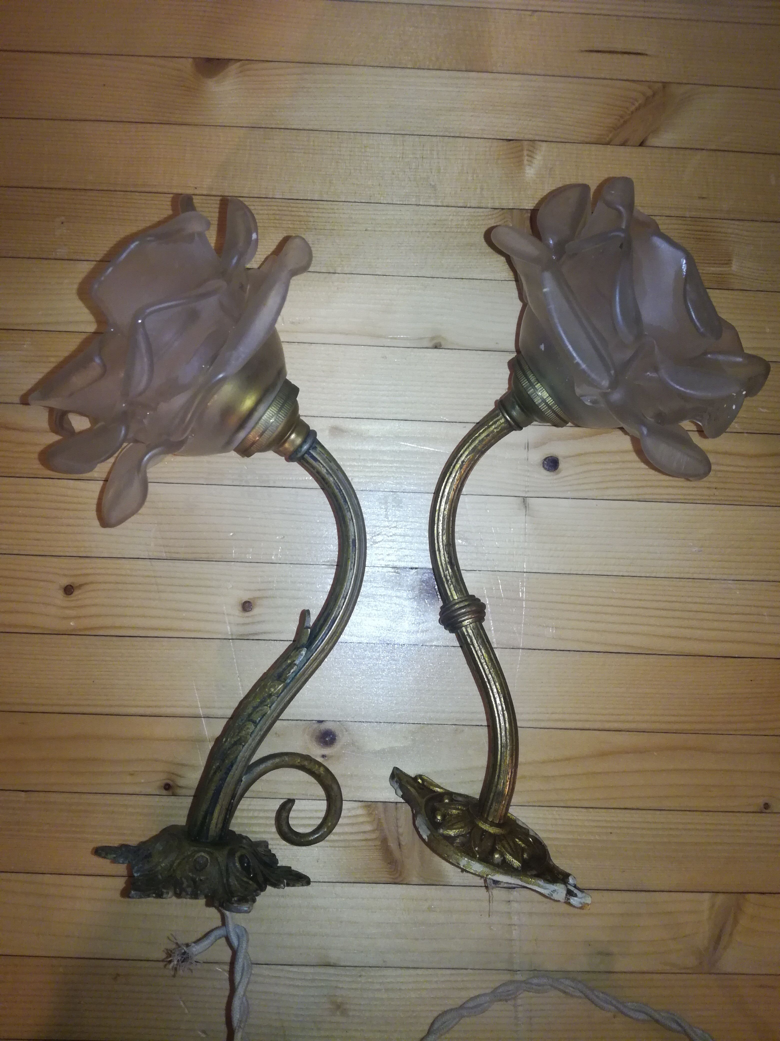 Pair of brass and glass flowers sconces
