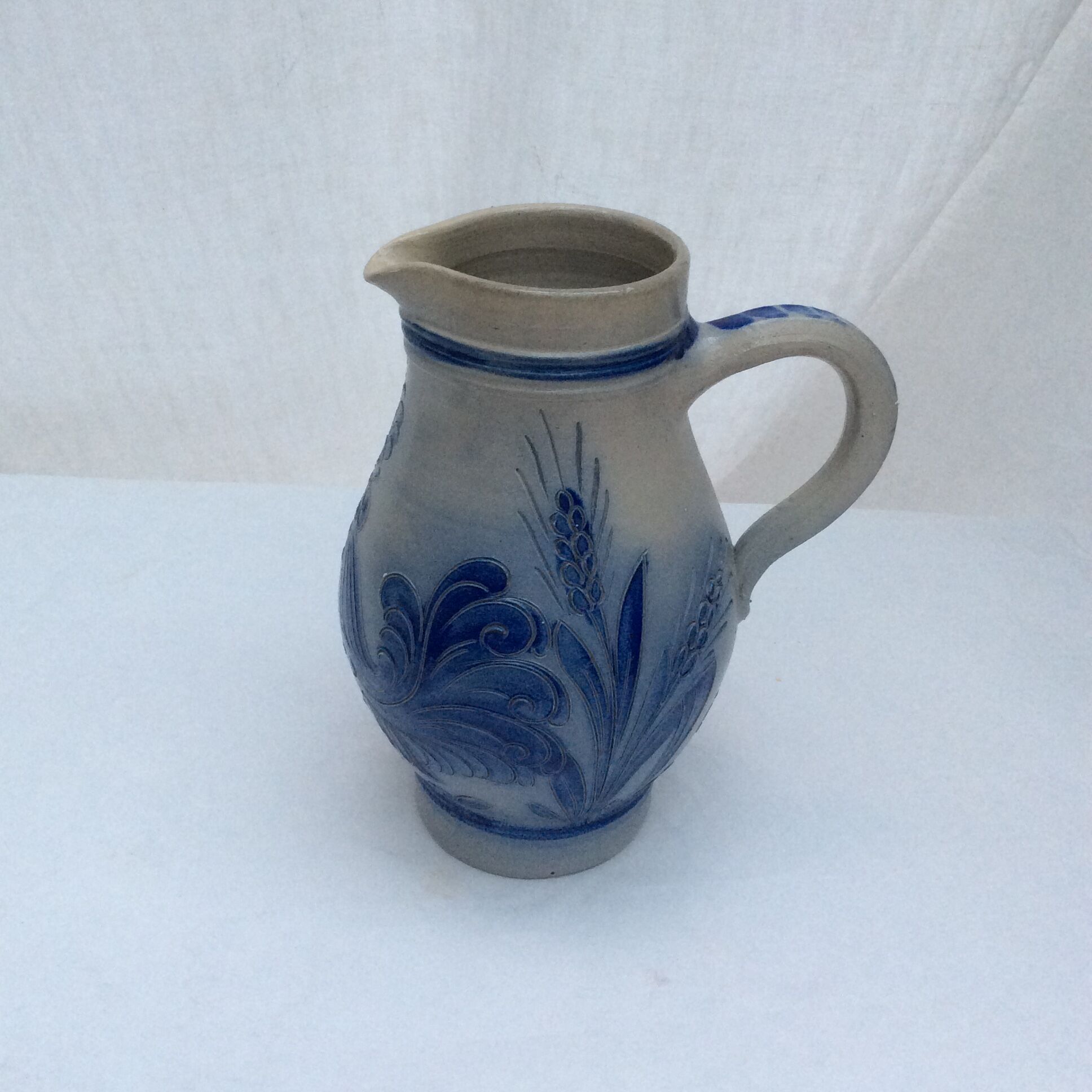 Old sandstone pitcher signed cobalt color and light gray dimension: height -22.5 cm- width -18.5