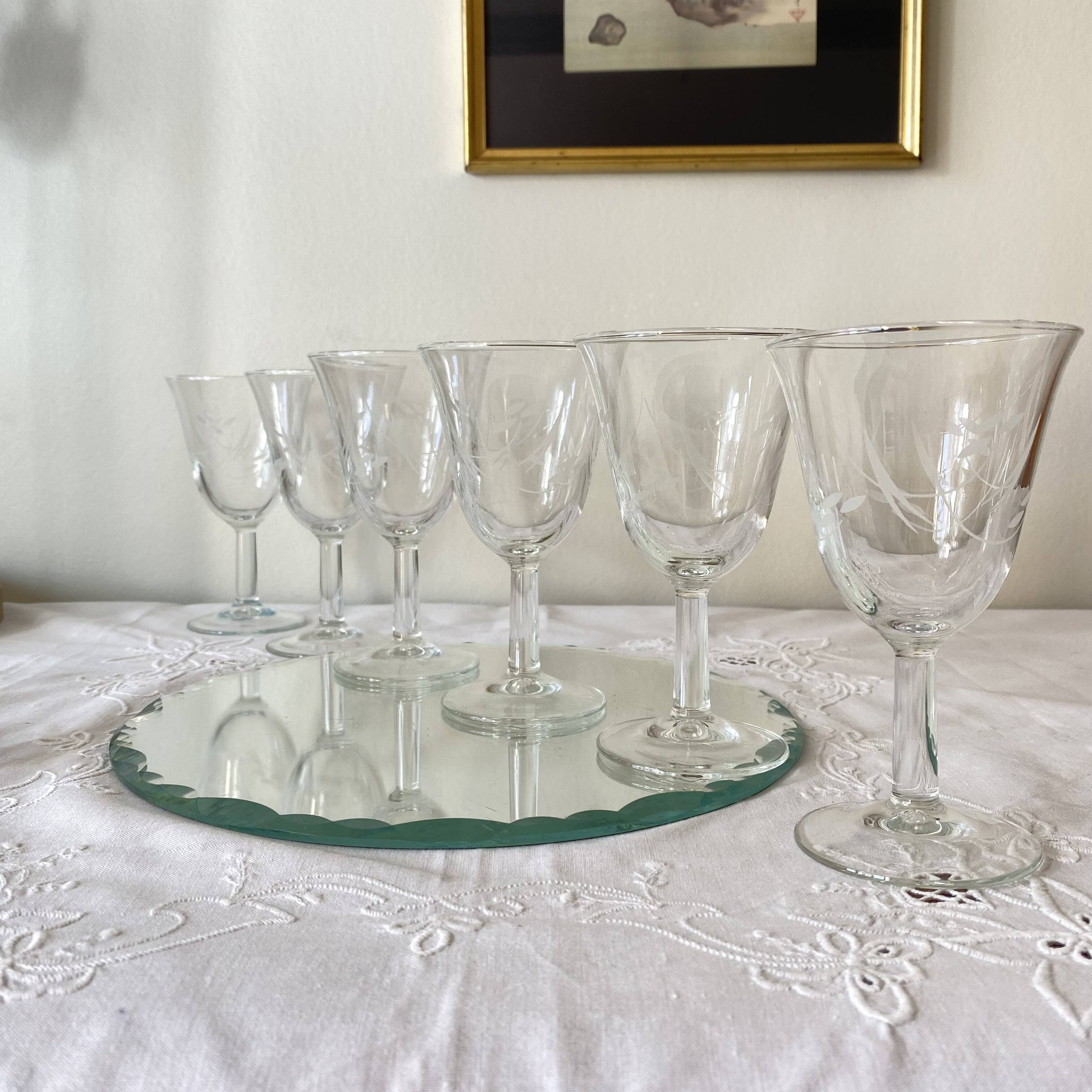 6 antique engraved stemmed glasses with stylised flowers, for wine or water.