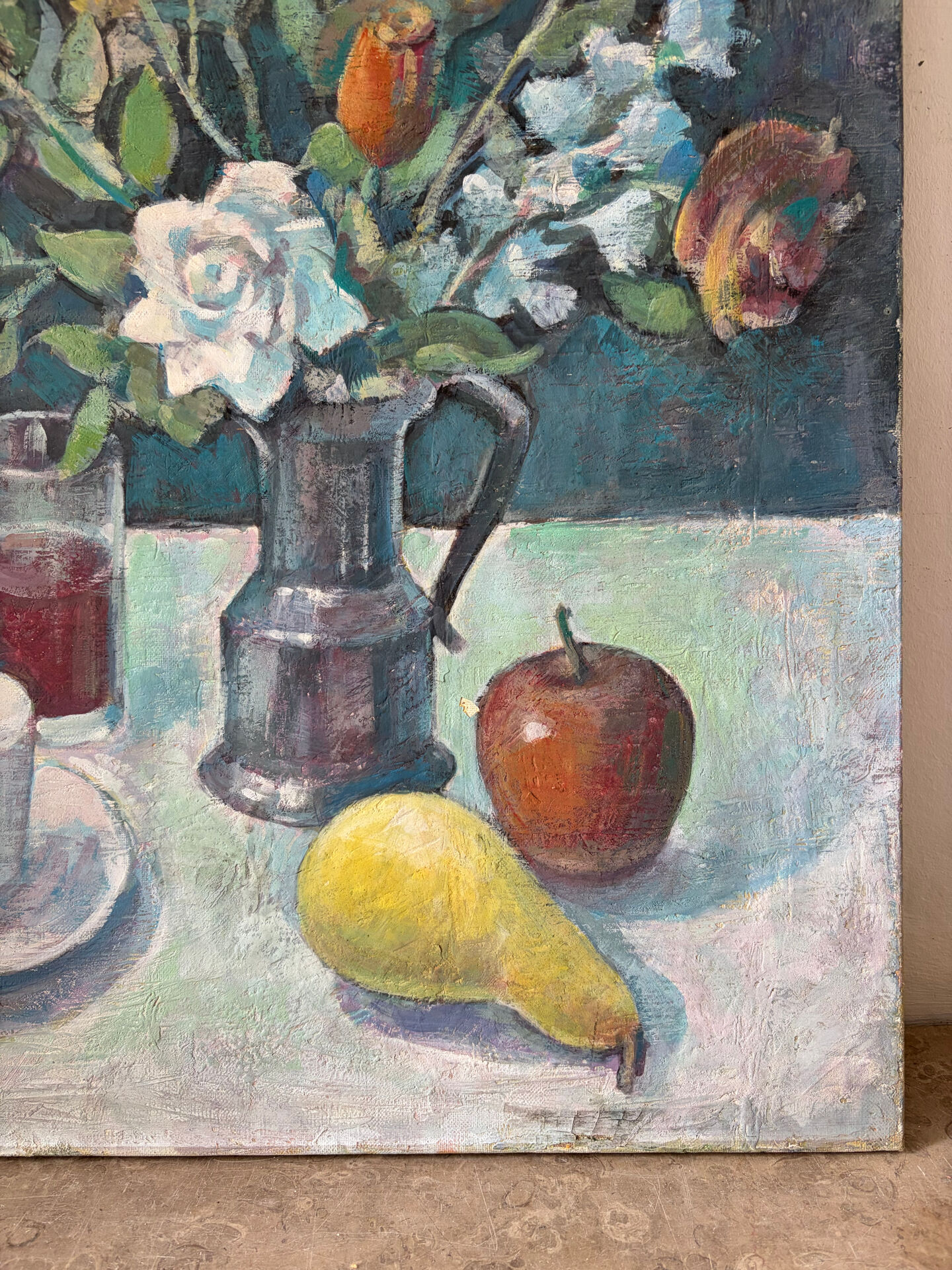 Nature morte - bouquet avec café et fruits, huile sur toile