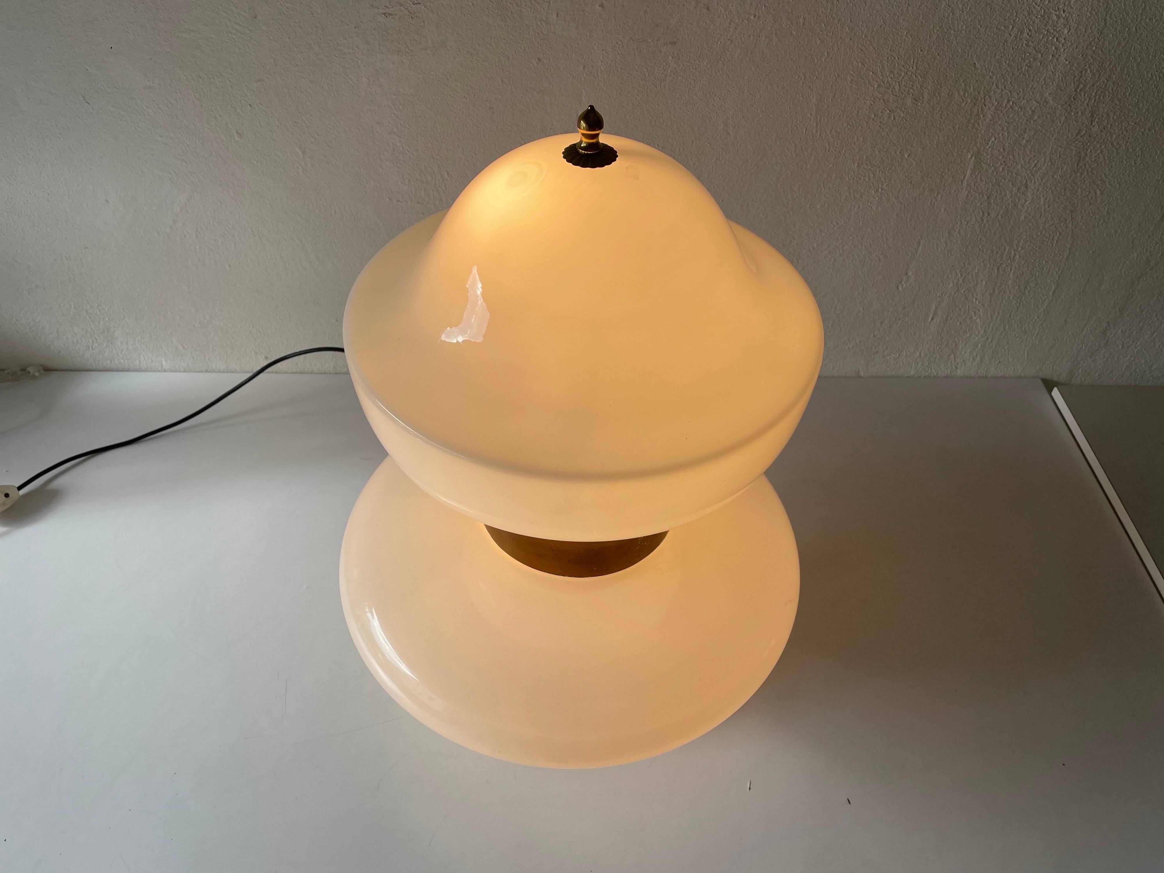 Large table lamp or floor lamp in opal glass and brass body, 1960s, Italy.