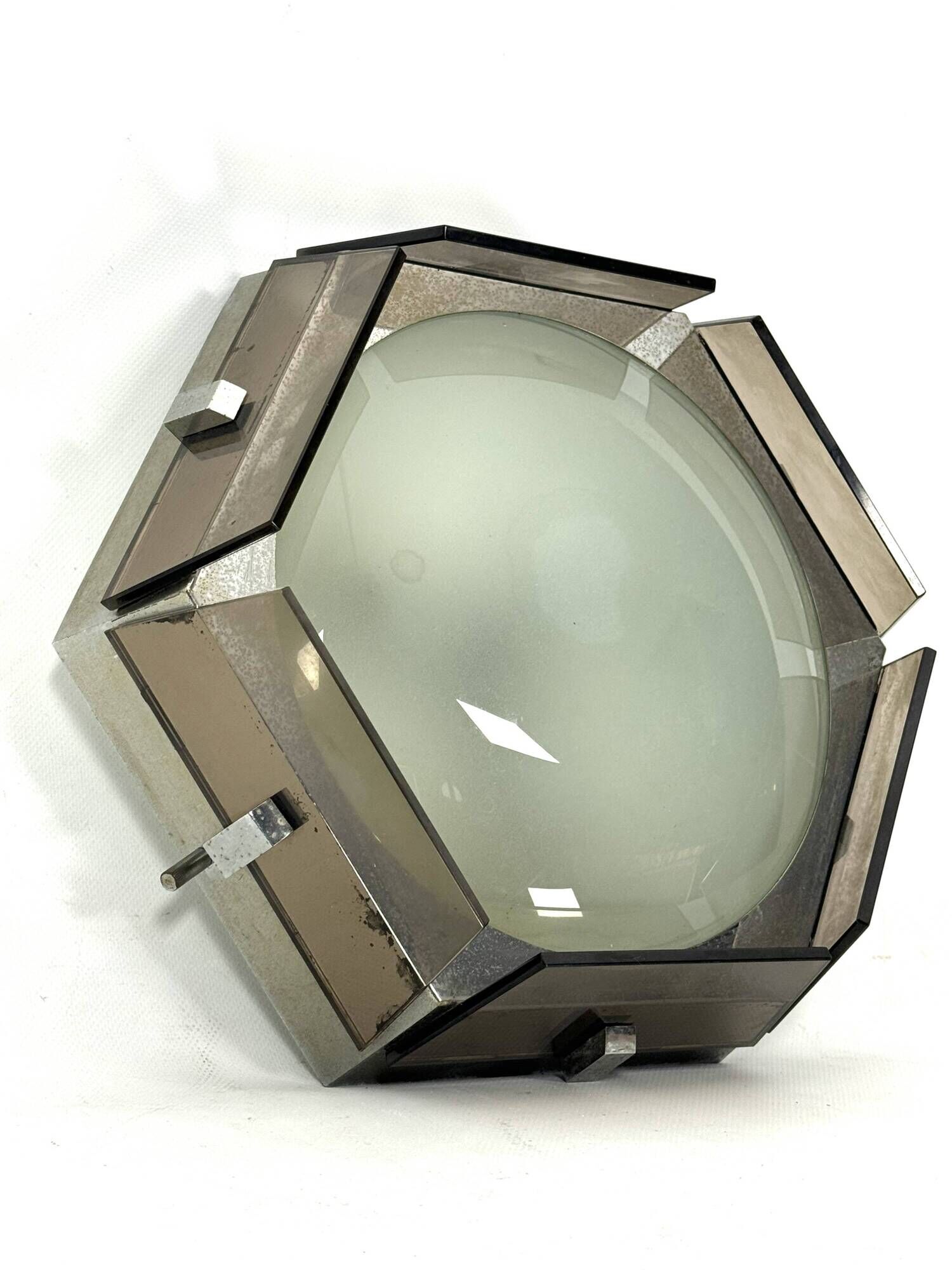 Veca, large exagonal ceiling lamp in glass and chrome. Italy 1970s