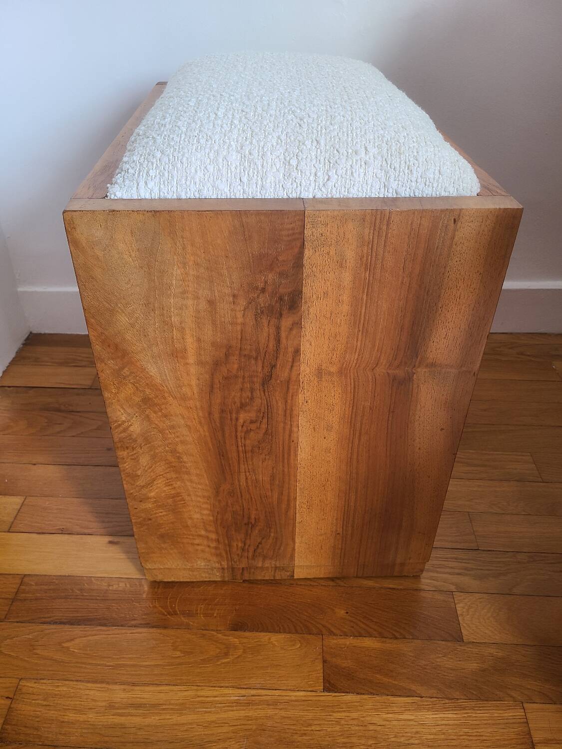 Antique Art Deco piano bench stool rosewood white bouclette fabric