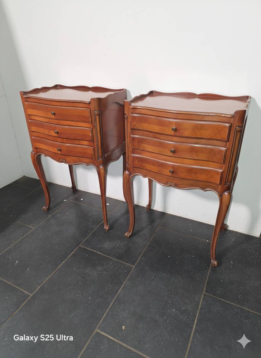Pair of Louis XV style bedside tables in cherry wood marquetry.