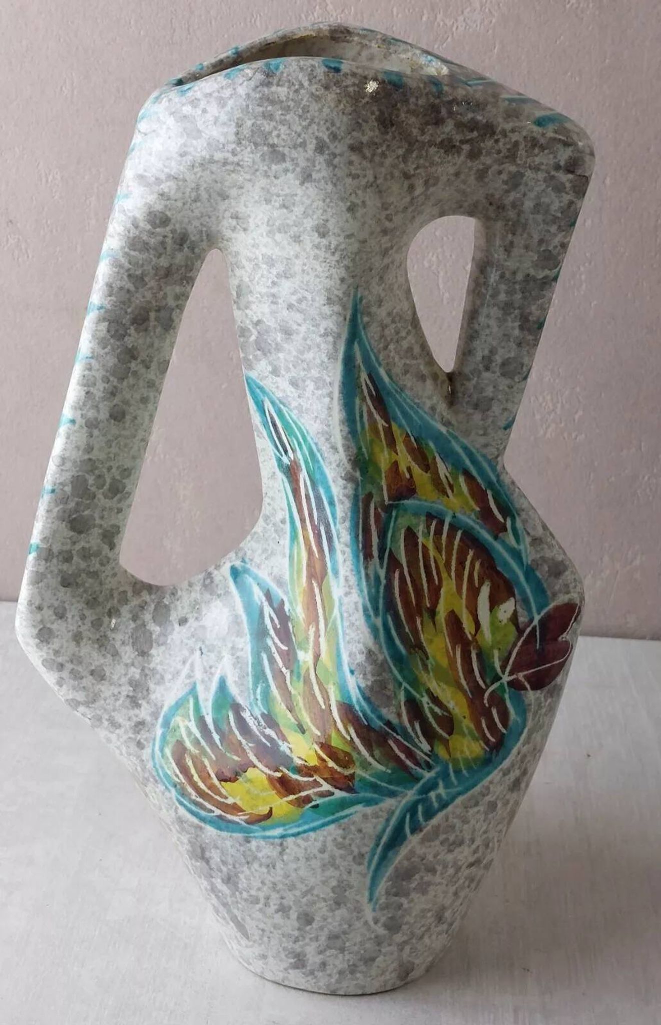 Old zoomorphic vase with fish decoration, by A. Borty, from Vallauris