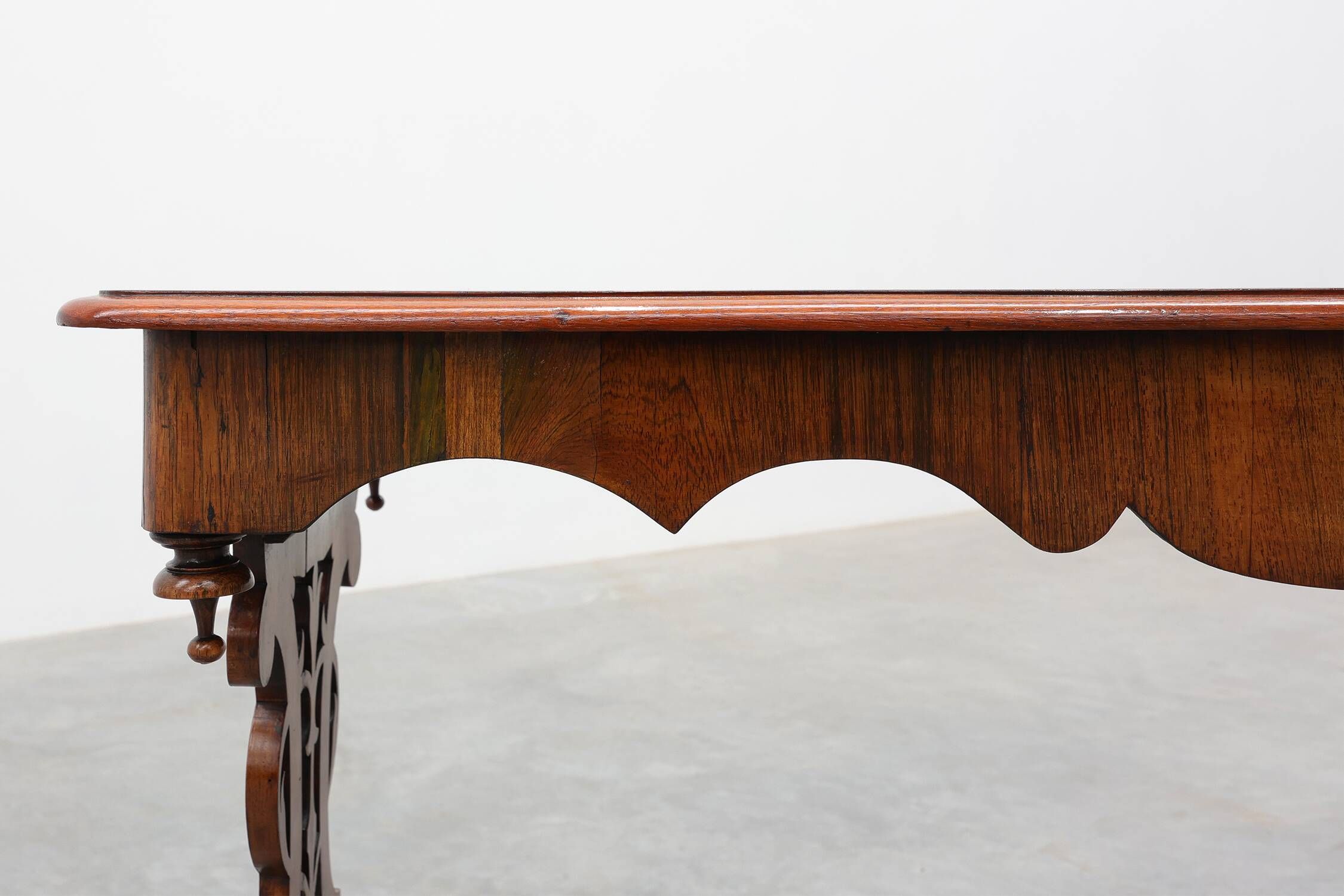 Victorian Walnut Side Table with Inlaid Top and Pierced Scroll Ends, Englan