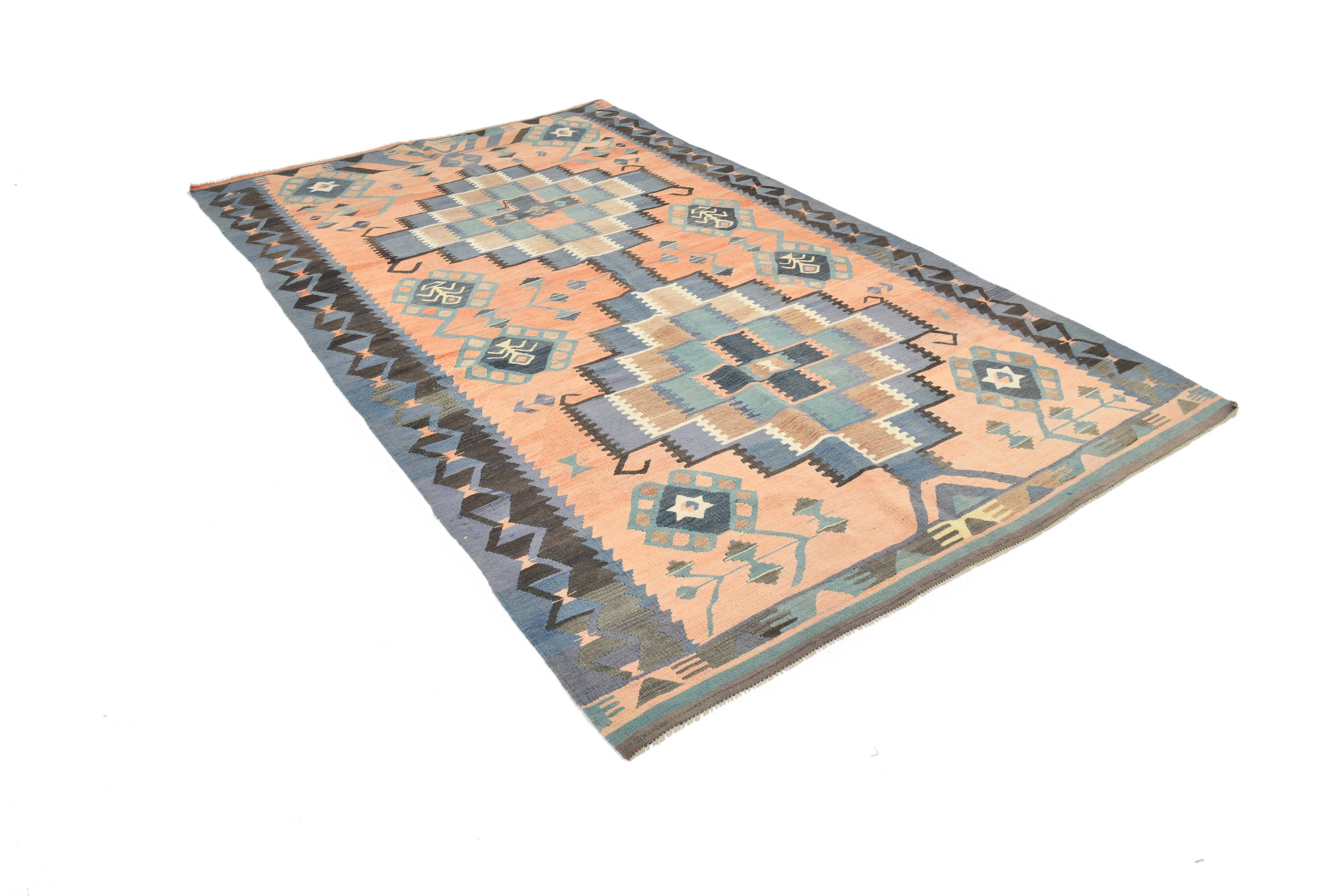 Faded Blue & Soft Peach Long Wide Handmade Kilim Rug, 168x296 Cm