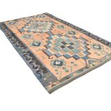 Faded Blue & Soft Peach Long Wide Handmade Kilim Rug, 168x296 Cm