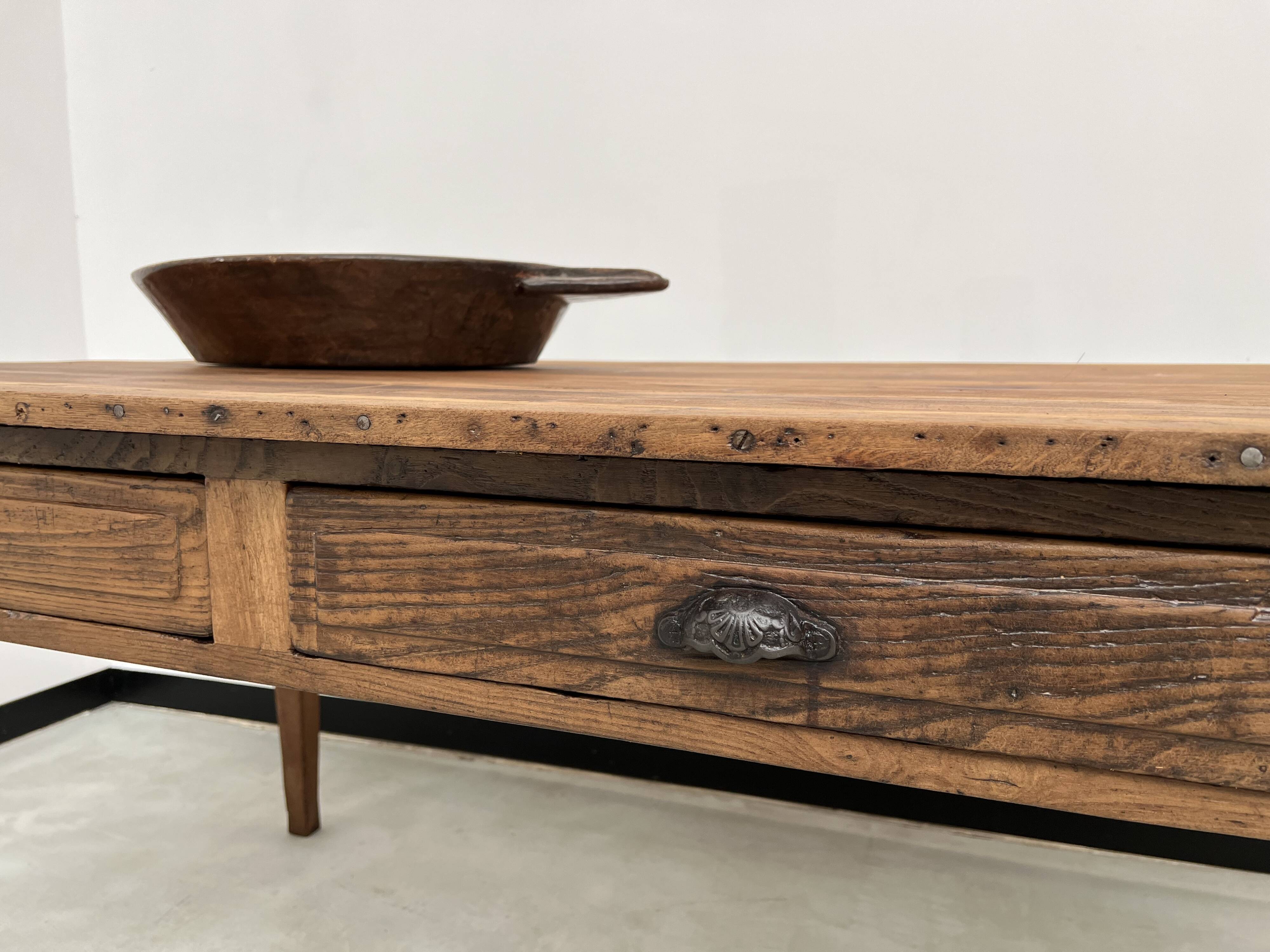 Antique farm table, fully restored, with 3 drawers