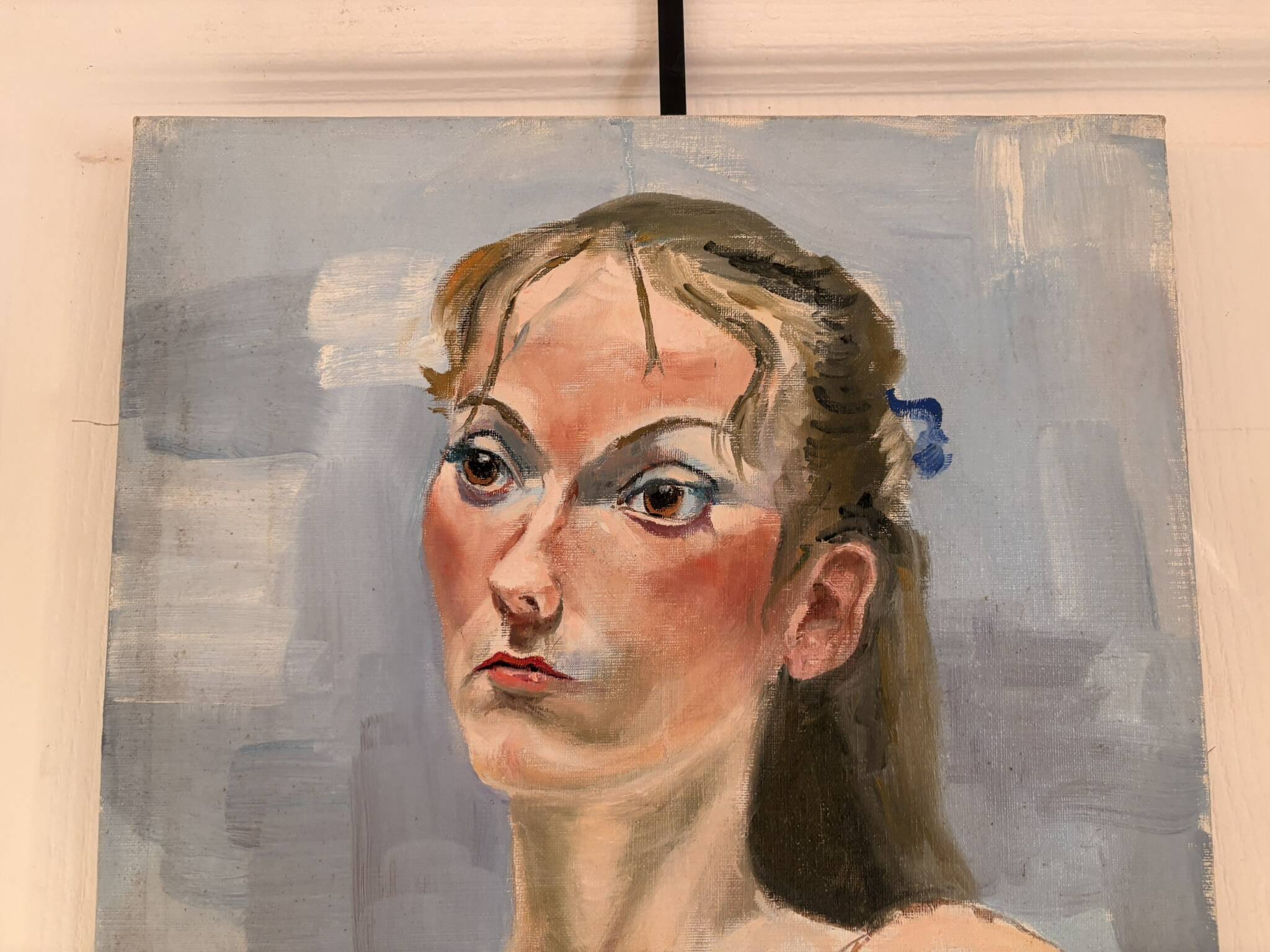 Ancien Peinture Huile Toile Femme Portrait Nue Blonde Enervée Sentiment