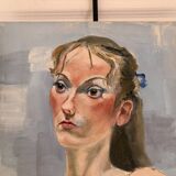 Ancien Peinture Huile Toile Femme Portrait Nue Blonde Enervée Sentiment