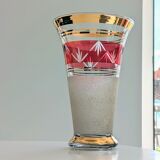 Granite art deco bohemian crystal vase with cranberry pink band and gold edging