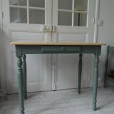 Table, desk Smoked green base, wooden top.