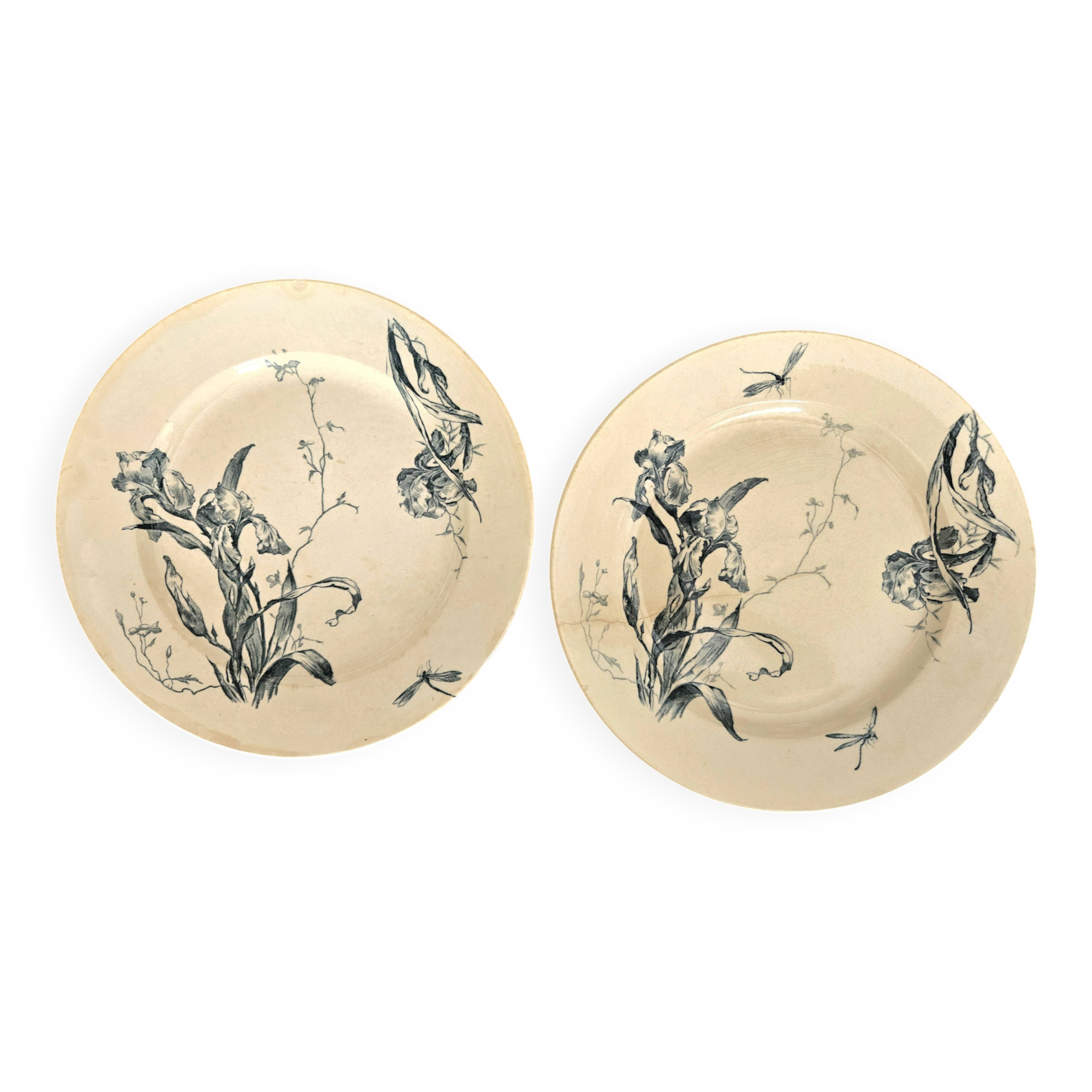 Pair of earthenware dishes from Gien, Iris model, 28 cm