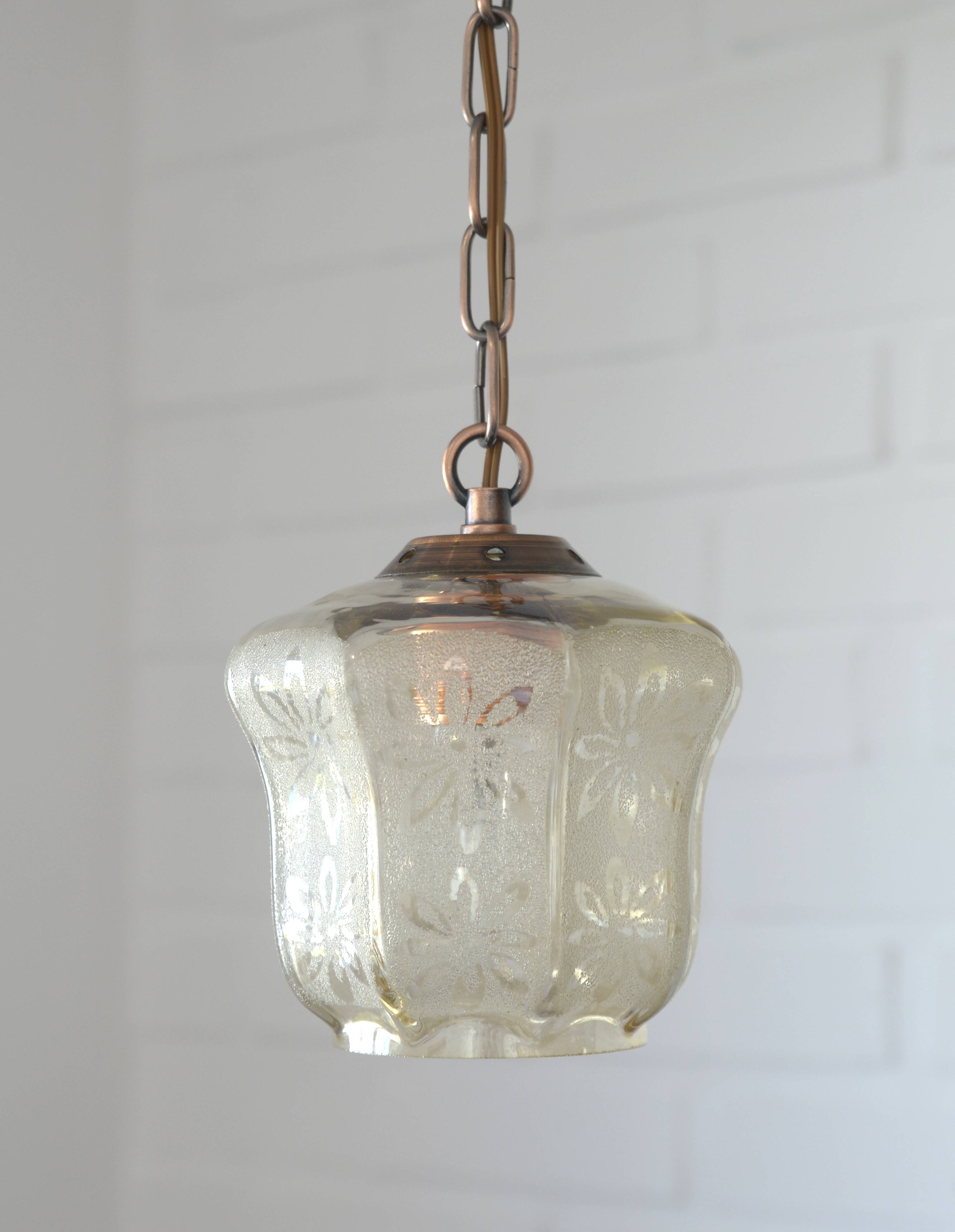 Vintage copper pendant light / amber glass and rustic chain hanging lamp