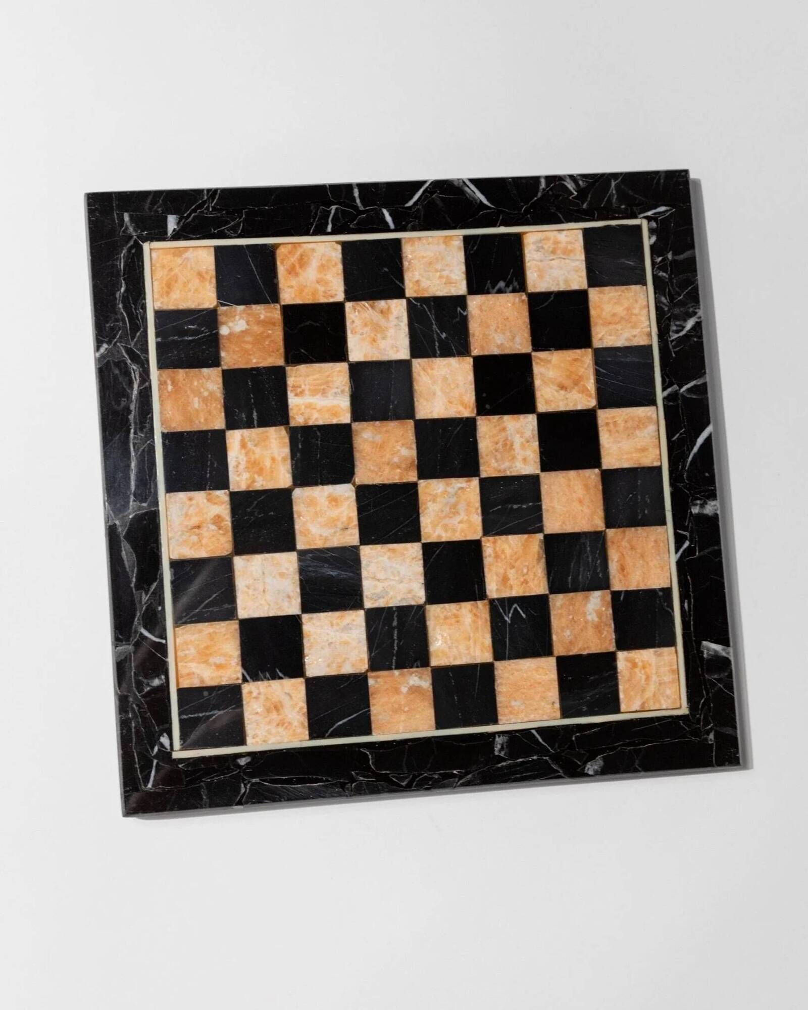 Vintage Peach-and-Black Marble Chessboard with Stone Pieces, Italian 1960s Design – Elegant Gift
