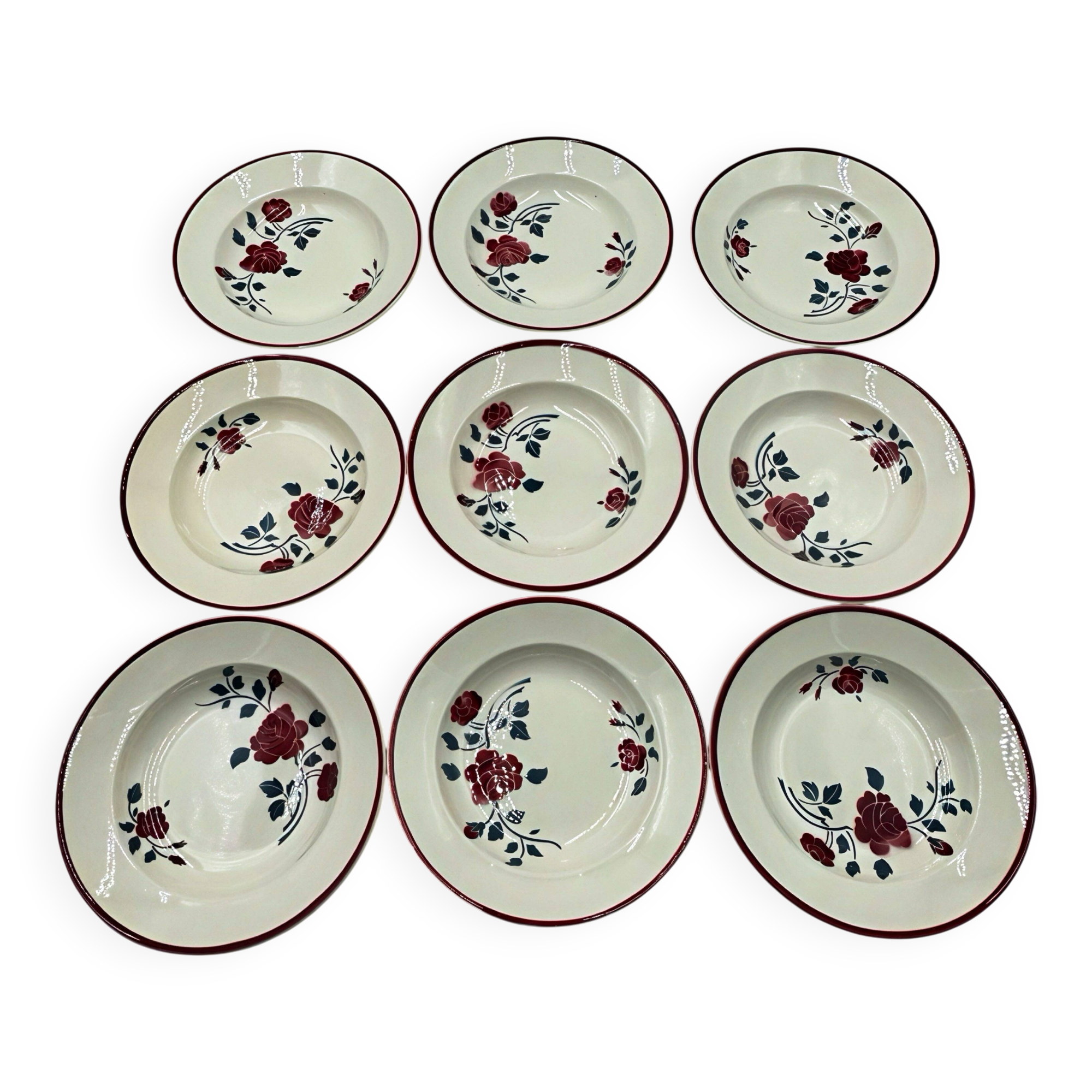 9 soup plates Badonviller model "Les Roses" from the 1950s