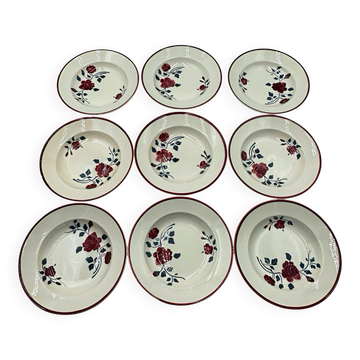 9 soup plates Badonviller model "Les Roses" from the 1950s