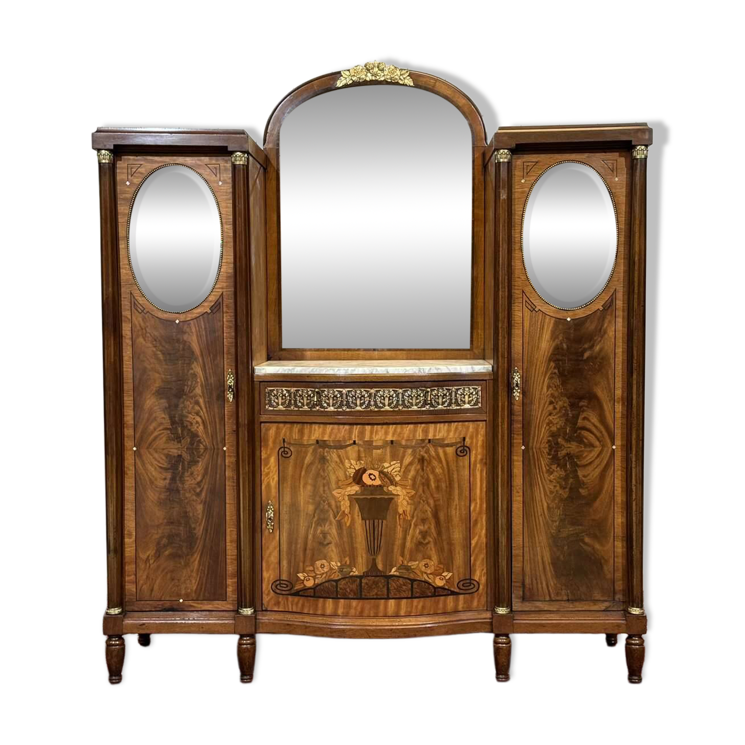 Buffet d'époque Art déco en acajou, chêne et dessus marbre