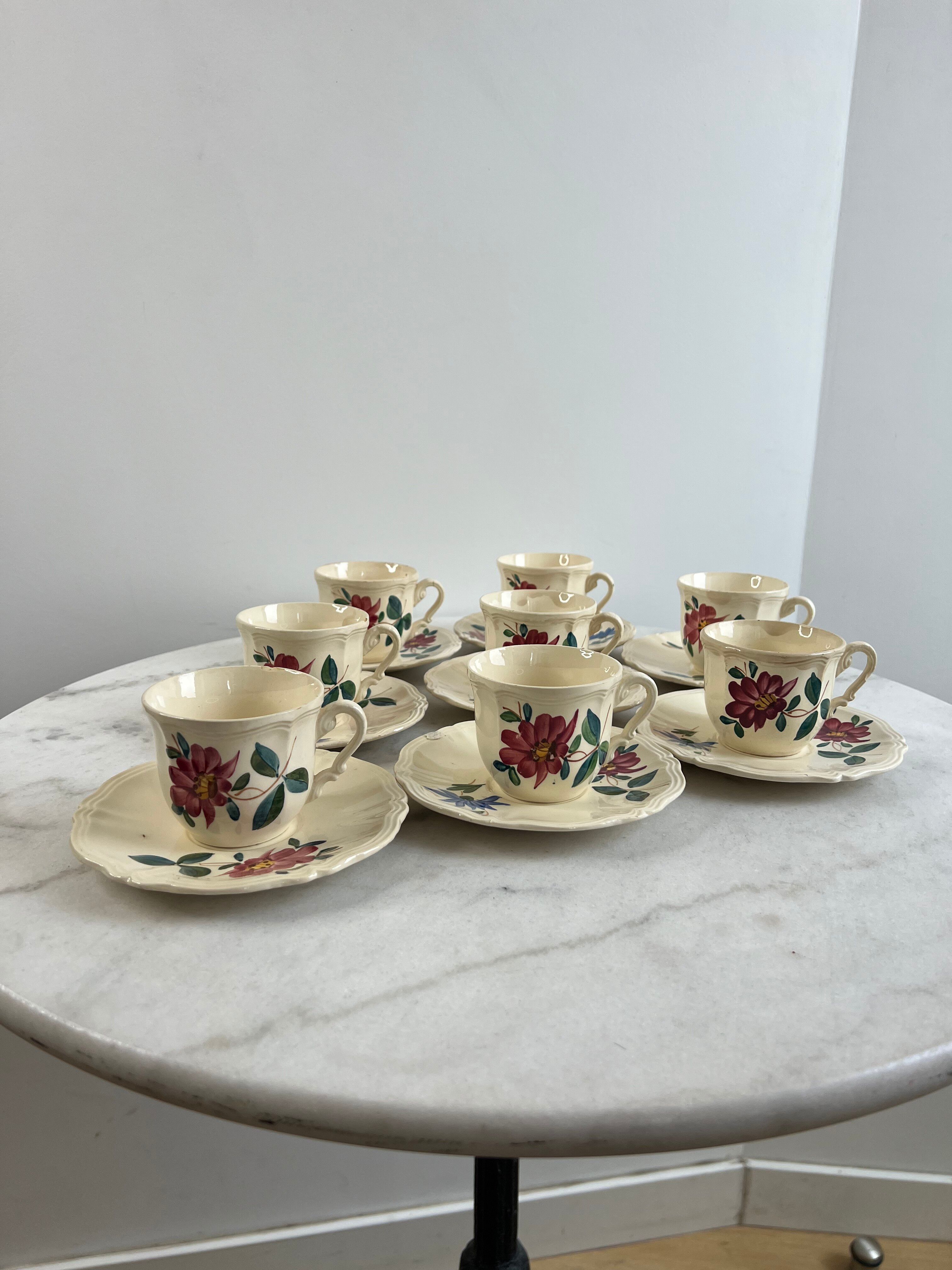 Set of 8 hand-painted coffee cups Sarreguemines Terre de fer