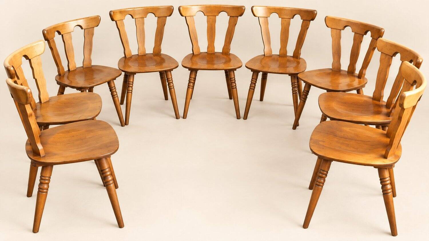 Set of 8 rustic bistro chairs in beech wood with honey patina, 1950s.